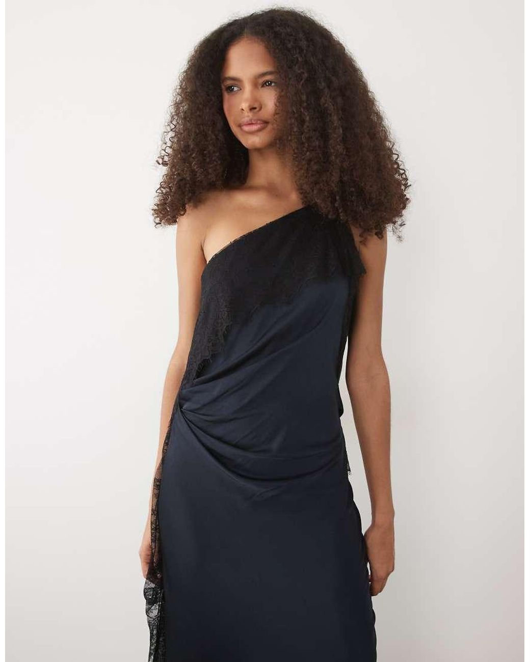 Forever New Blue Satin Lace Detail One Shoulder Bias Maxi Dress