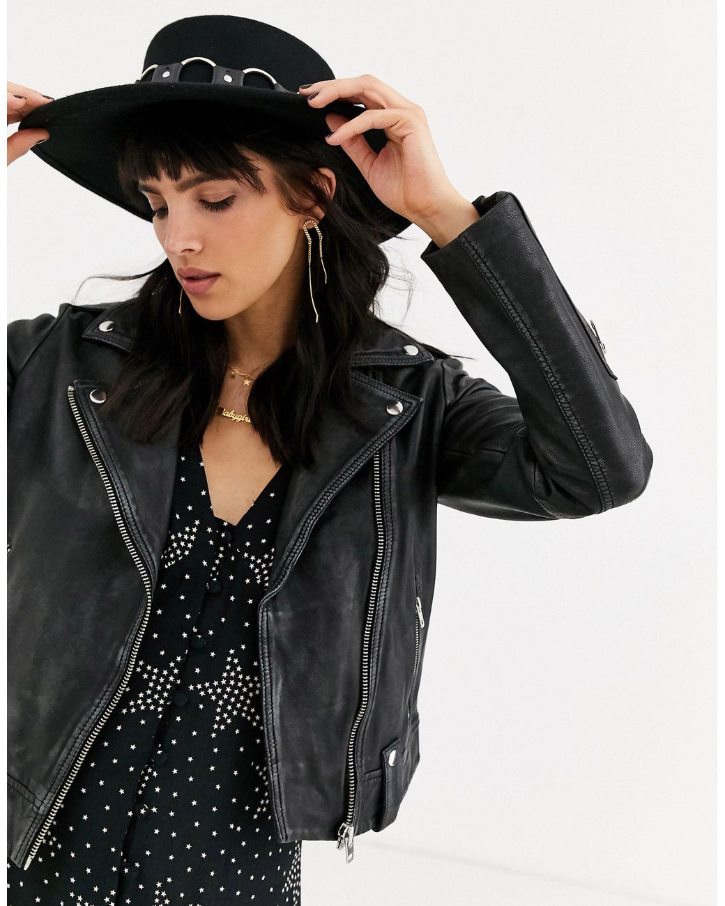 TOPSHOP Classic Real Leather Biker Jacket in Black | Lyst