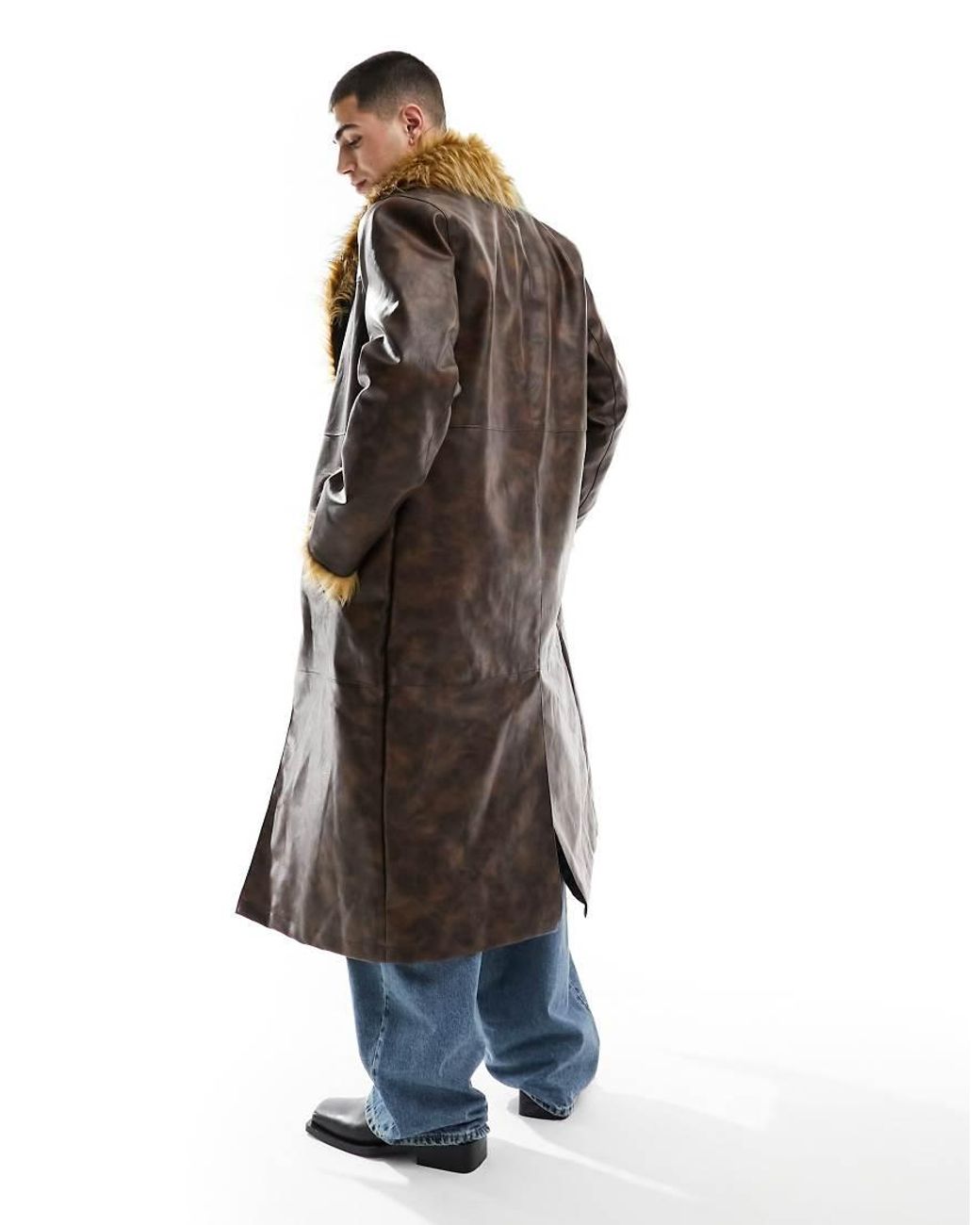 Reclaimed vintage Longline Leather Look Trench Coat With Faux Fur Trims in Blue for Men Lyst UK