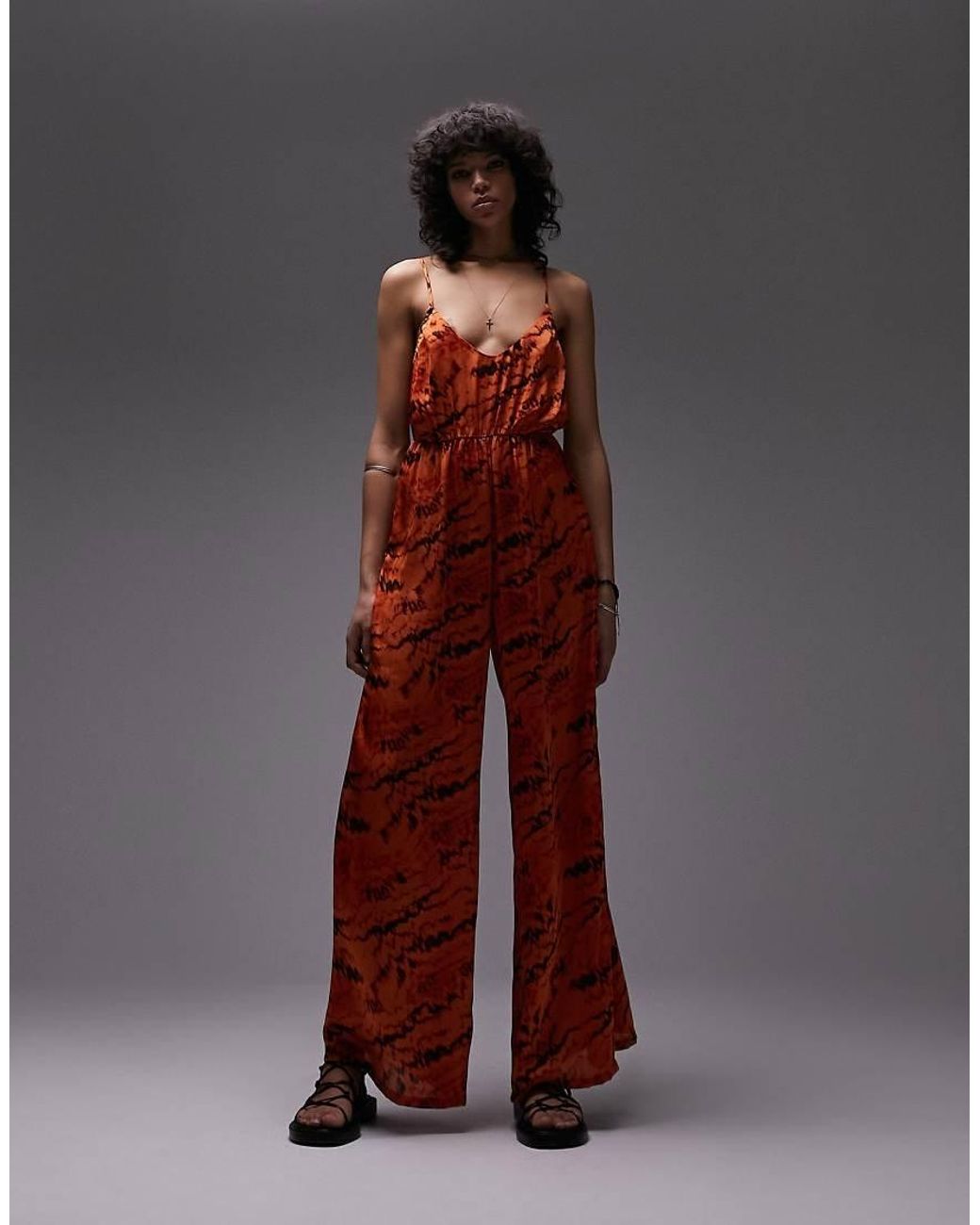 TOPSHOP Brown Strappy Slinky Wide Leg Jumpsuit