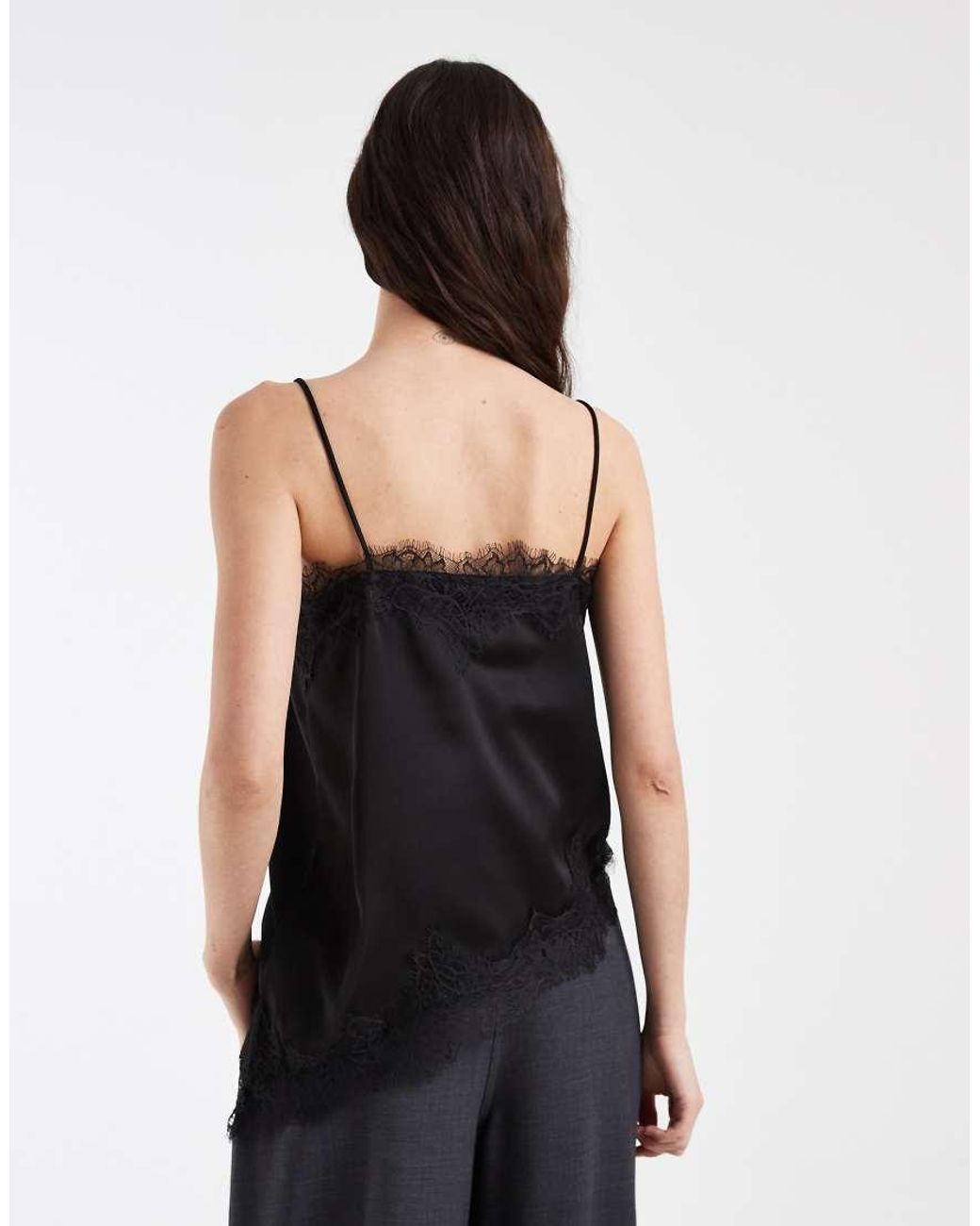 Vero Moda Blue Asymmetric Satin Cami Top With Lace Detail