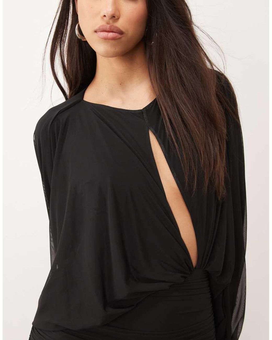 ASOS Black Mesh Mini Dress With Blouson Sleeve And Cut Out