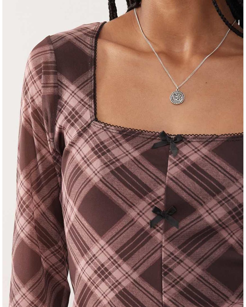 Reclaimed Vintage Brown Square Neck Split Front Long Sleeve Mesh Top
