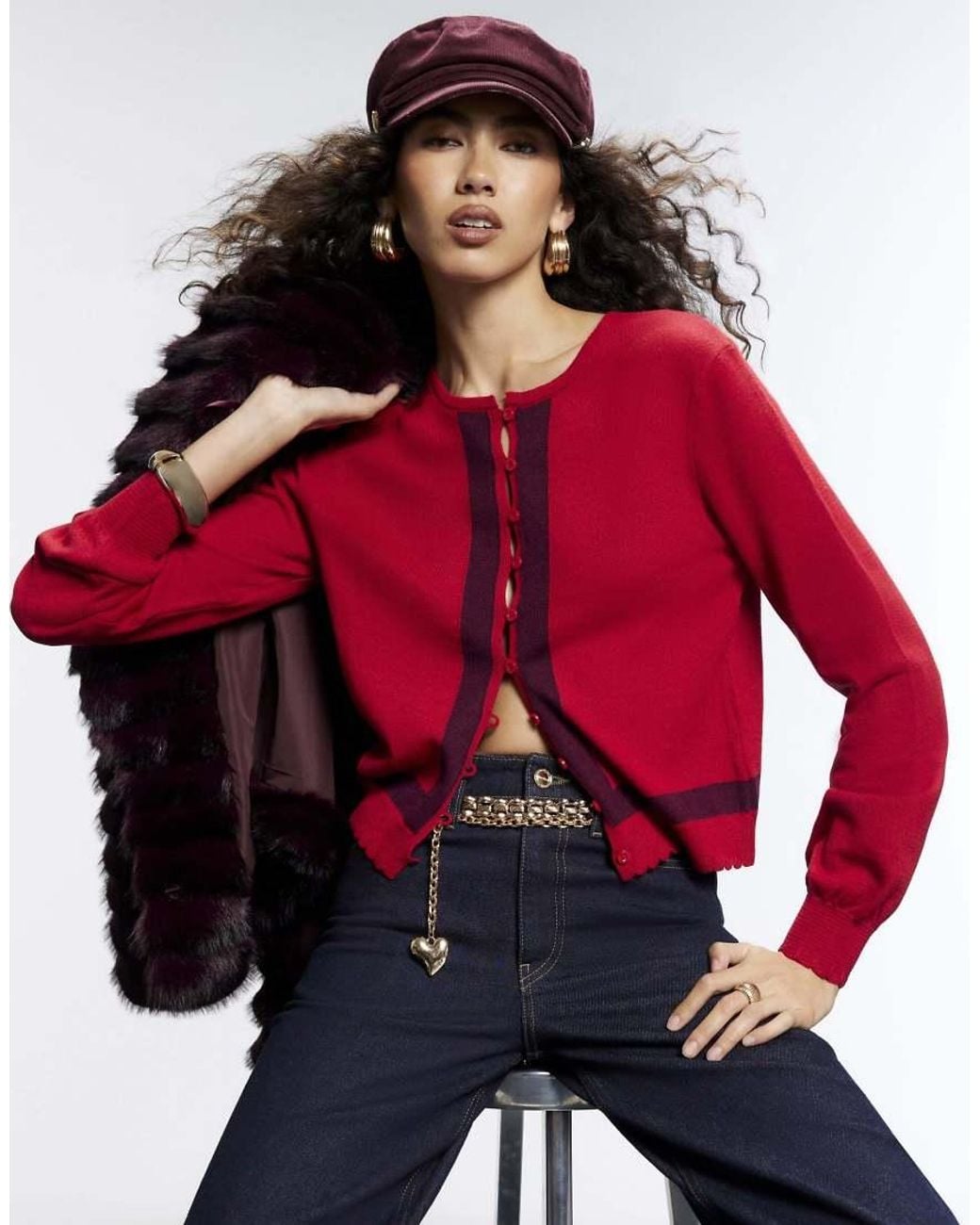 River Island Red Open Button Blocked Cardigan