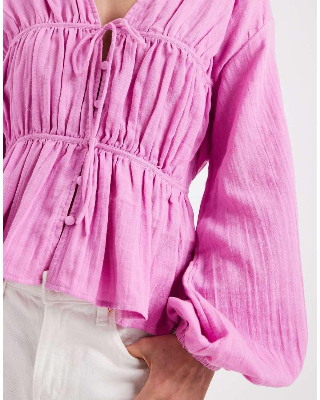 ASOS Pink Long Sleeve Smock Top With Button Front