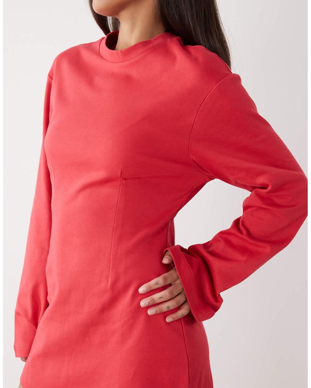 Monki Red Cinched Waist Long Sleeve Mini Dress
