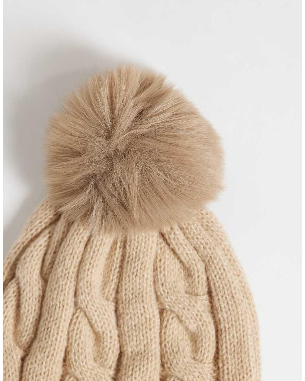 French Connection Natural Cable Knit Pom Pom Beanie