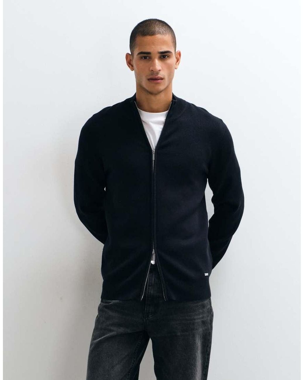 Threadbare Blue Zip Thru Knitted Cardigan for men