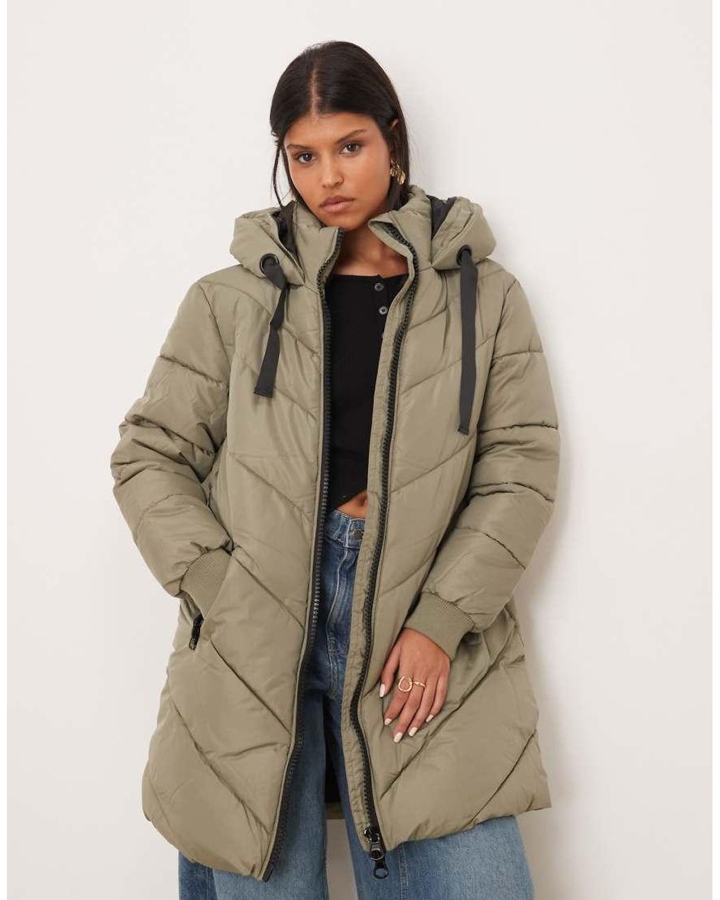 Jdy Green Chevron Hooded Padded Coat