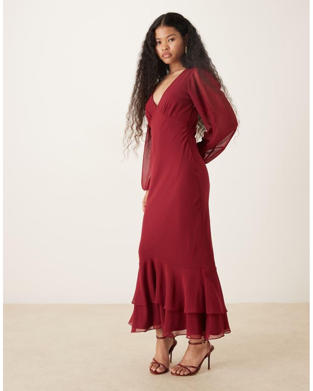 LACE & BEADS Red Long Sleeve Ruffle Hem Maxi Dress