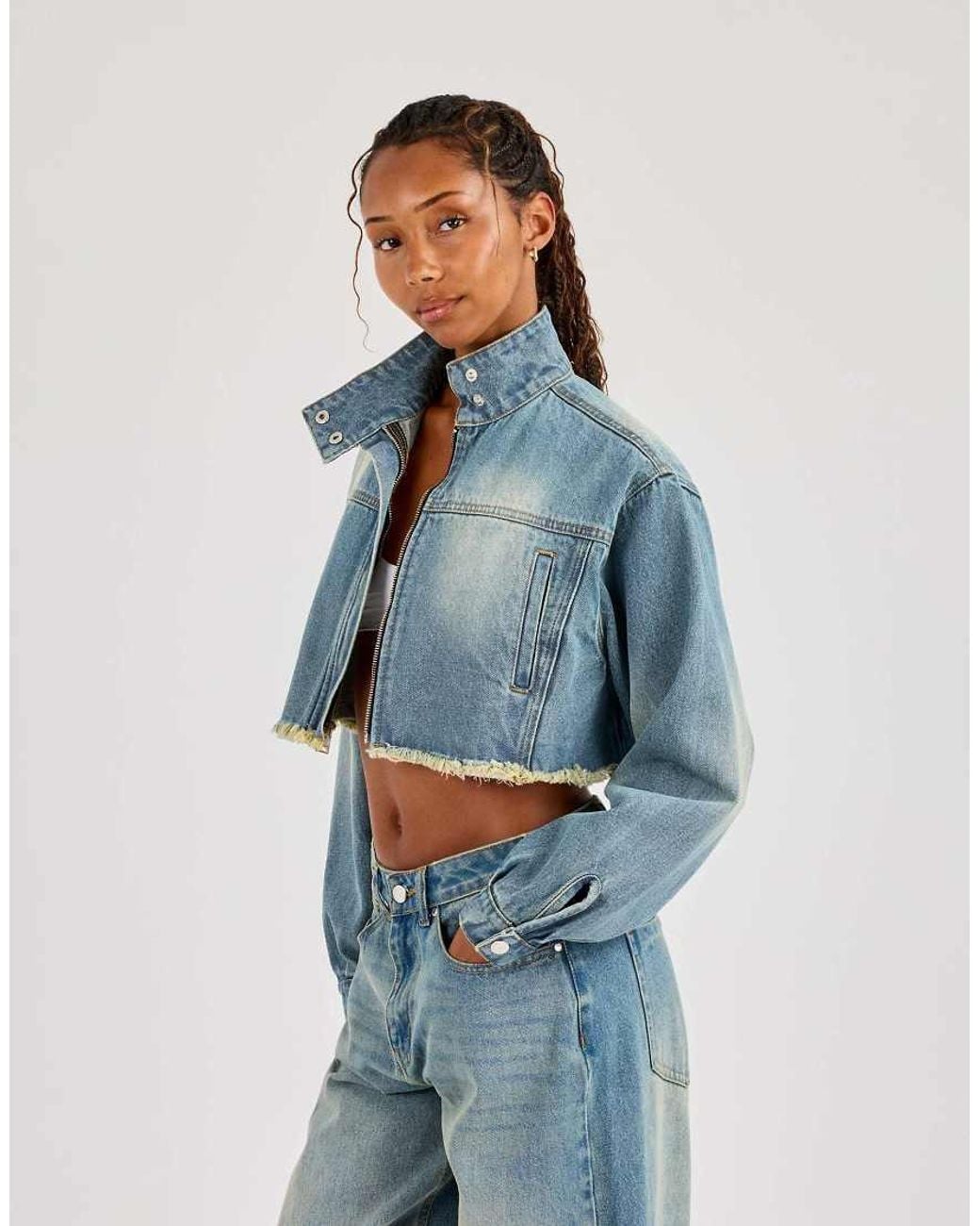 CERNUCCI Blue Super Crop Funnel Neck Denim Jacket
