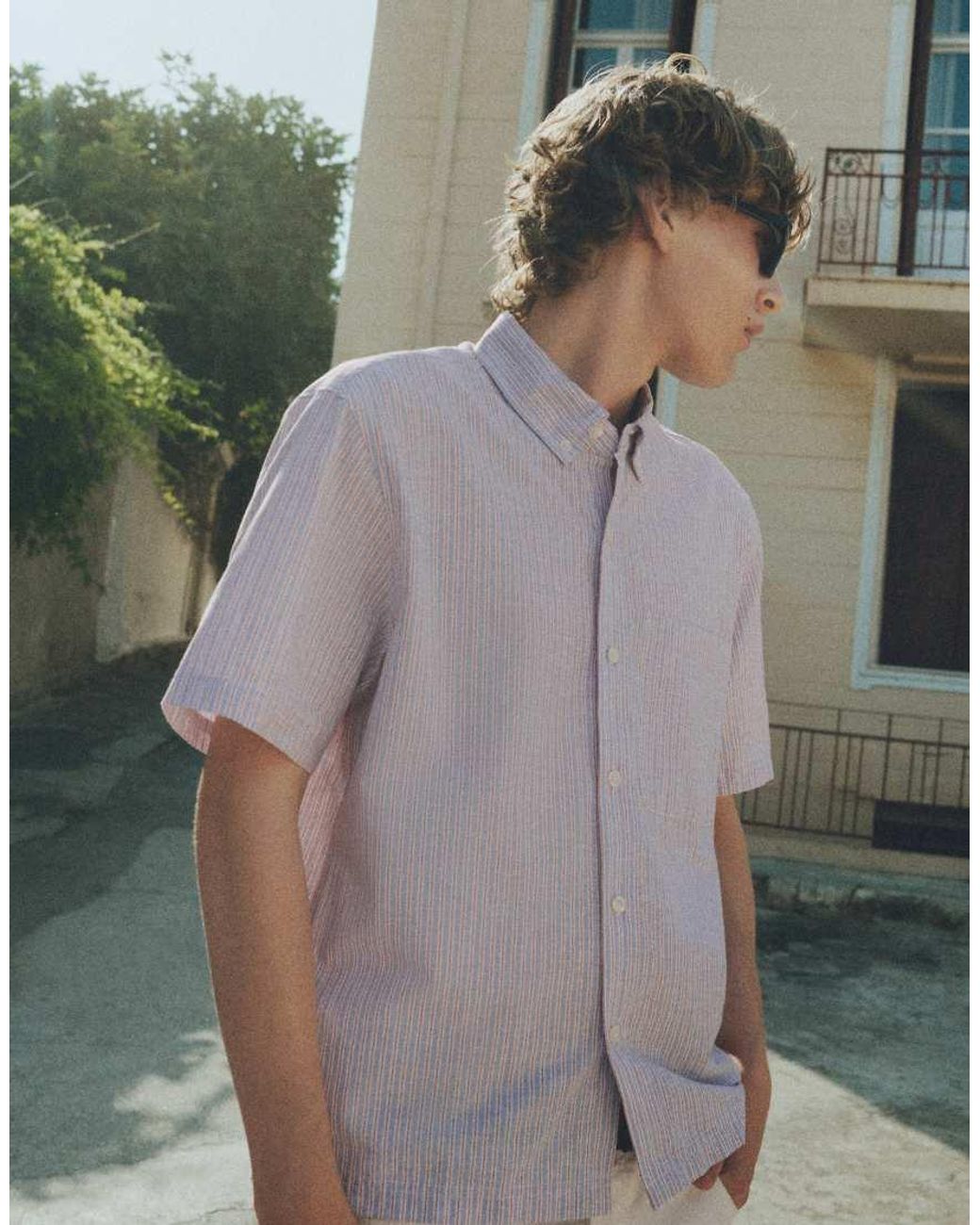 Pull&Bear Gray Striped Short Sleeve Shirt for men