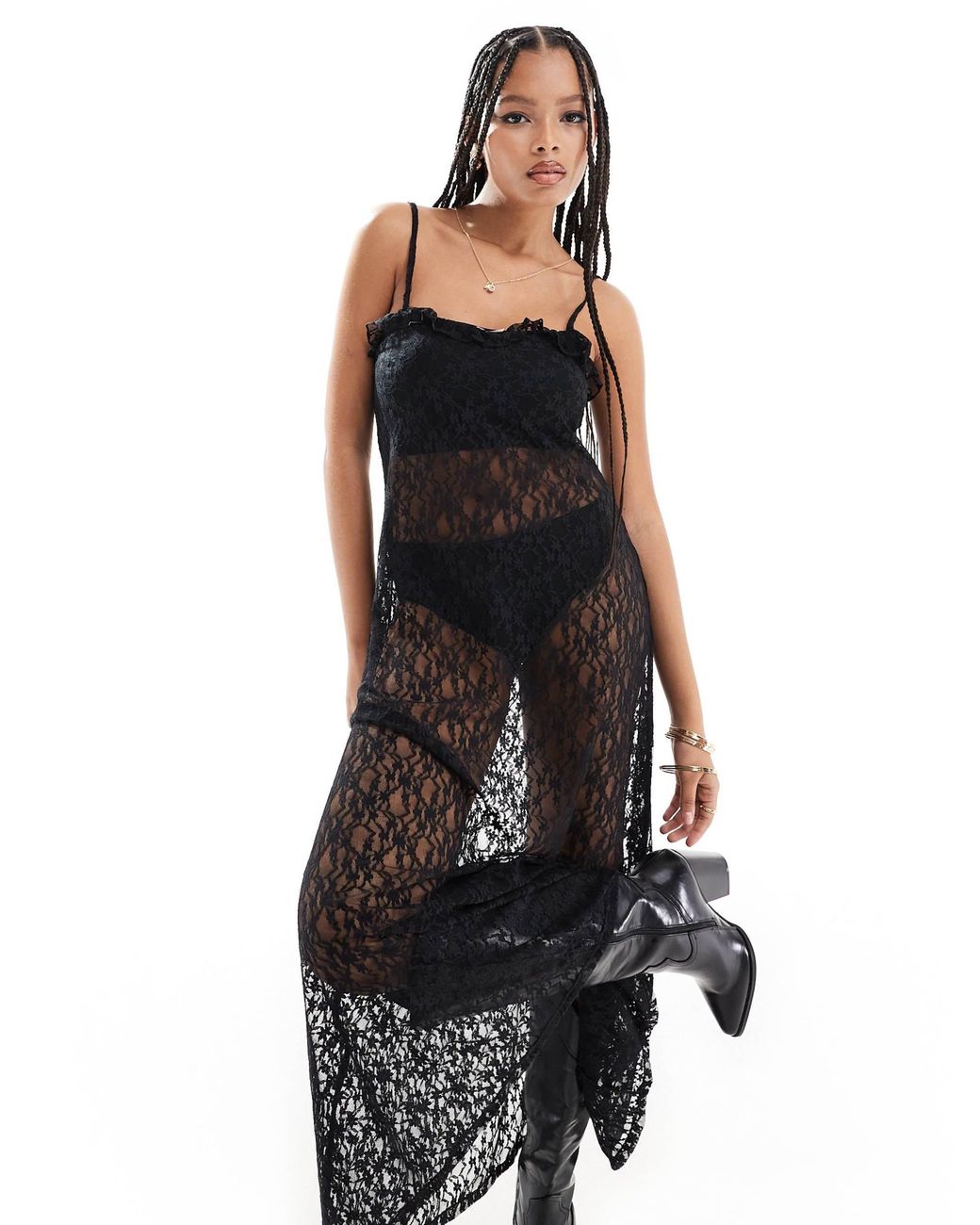Robe longue a bretelles en dentelle transparente Miss Selfridge en coloris Noir Lyst