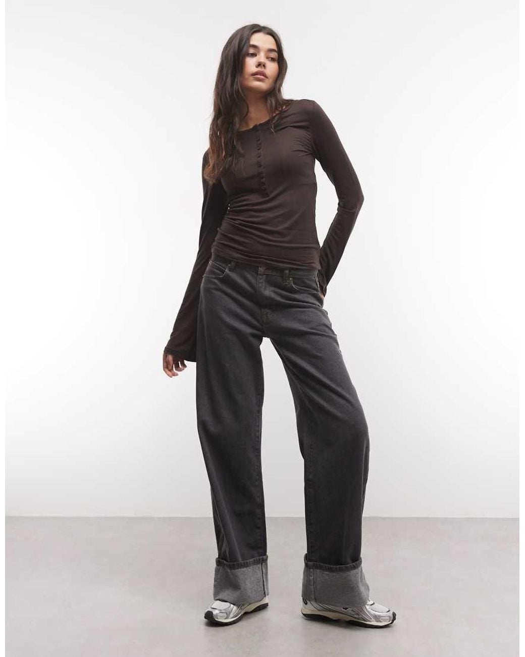 Monki Brown Long Sleeve Henley Top