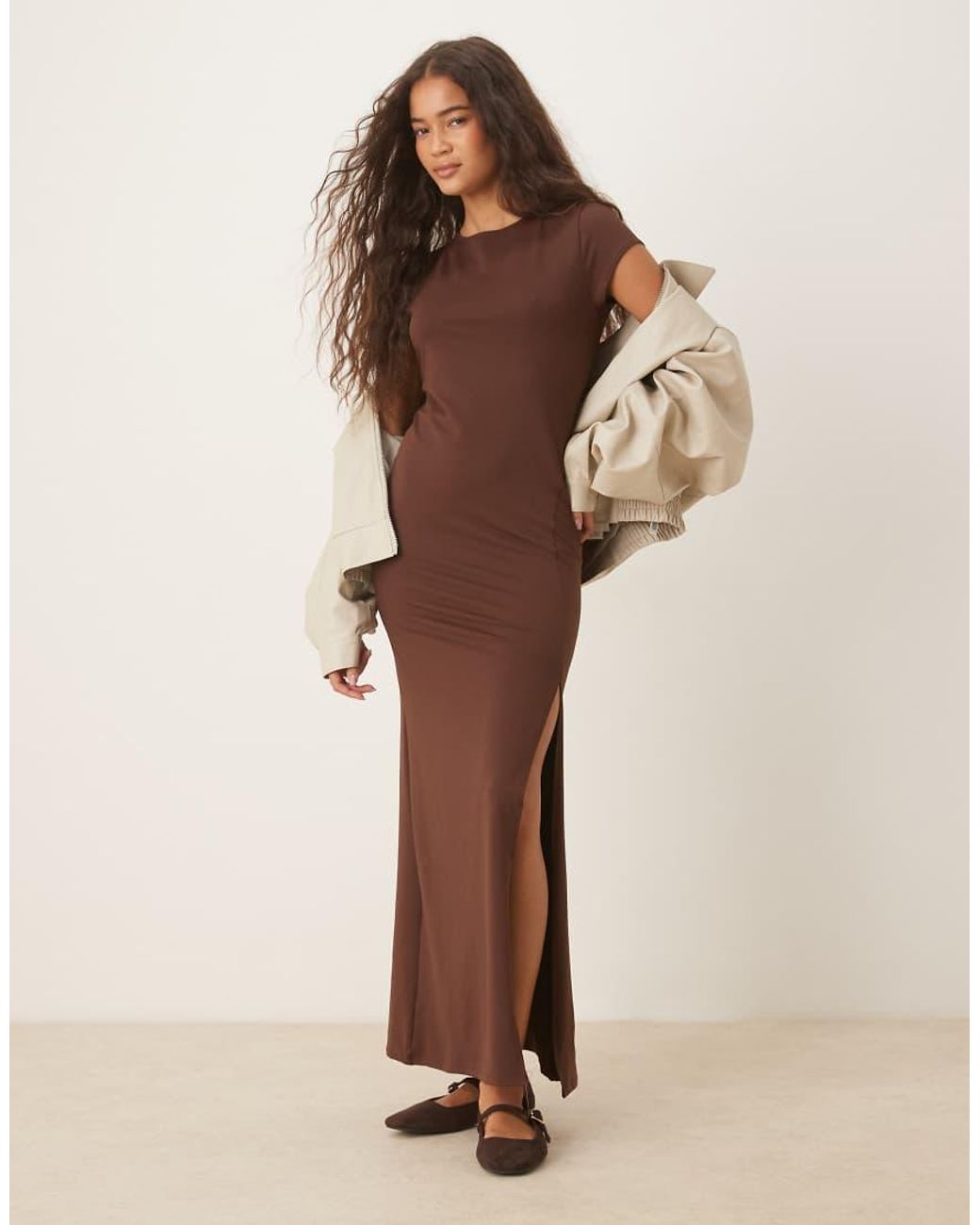 ASOS Brown Cap Sleeve Ruched Side Midi With Front Split
