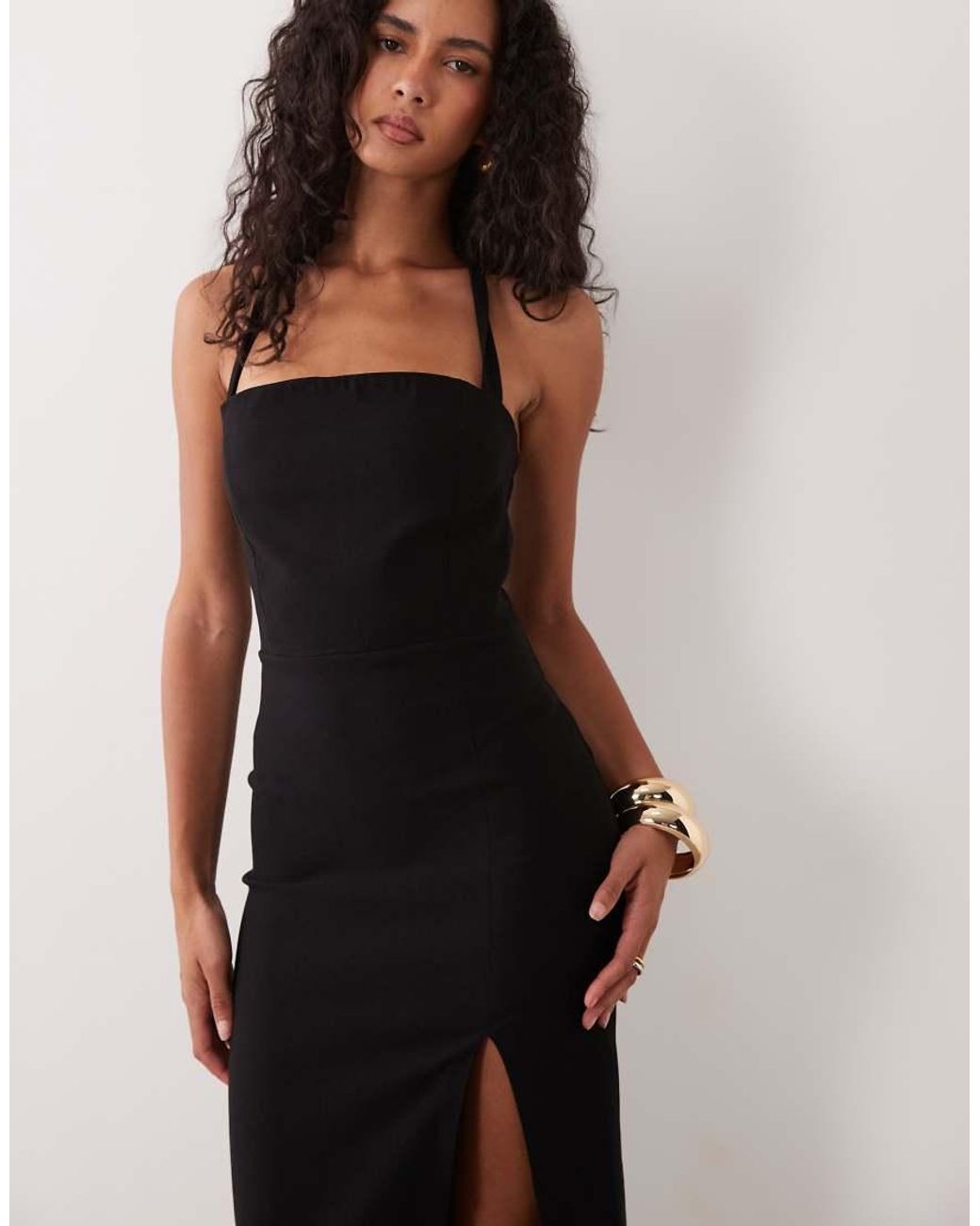 Vesper Black Bengaline Halterneck Thigh Split Midi Dress