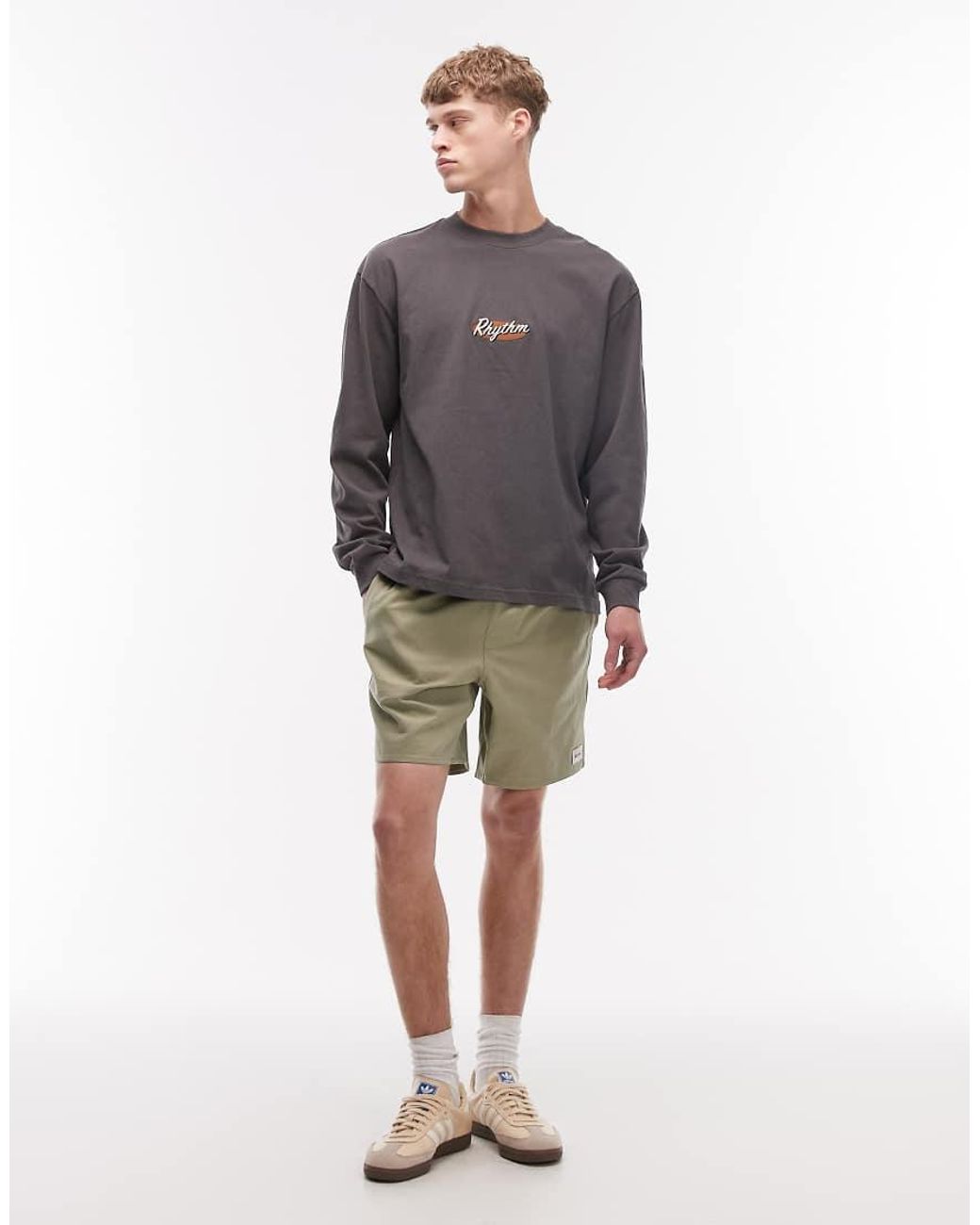 Rhythm Gray Vintage Embroidered Long Sleeve T-shirt for men