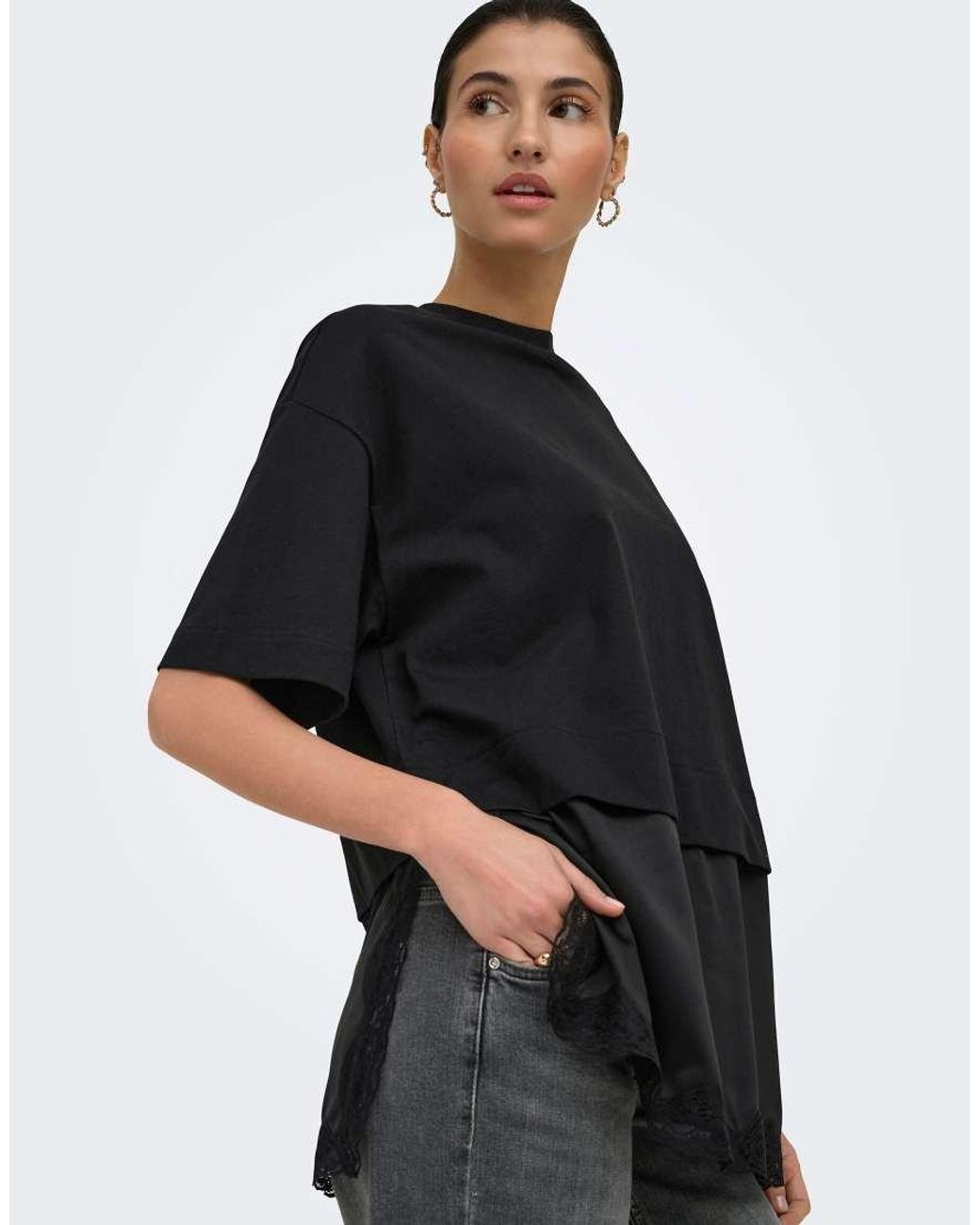 ONLY Black Mexa Lace Crew Neck Short Sleeve Top