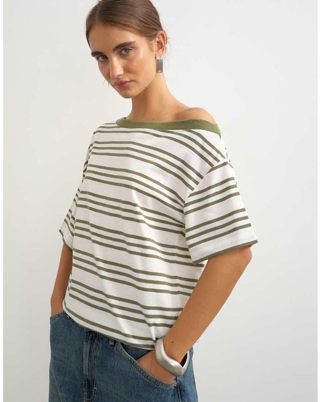 TOPSHOP Multicolor Striped Fallen Shoulder T-shirt