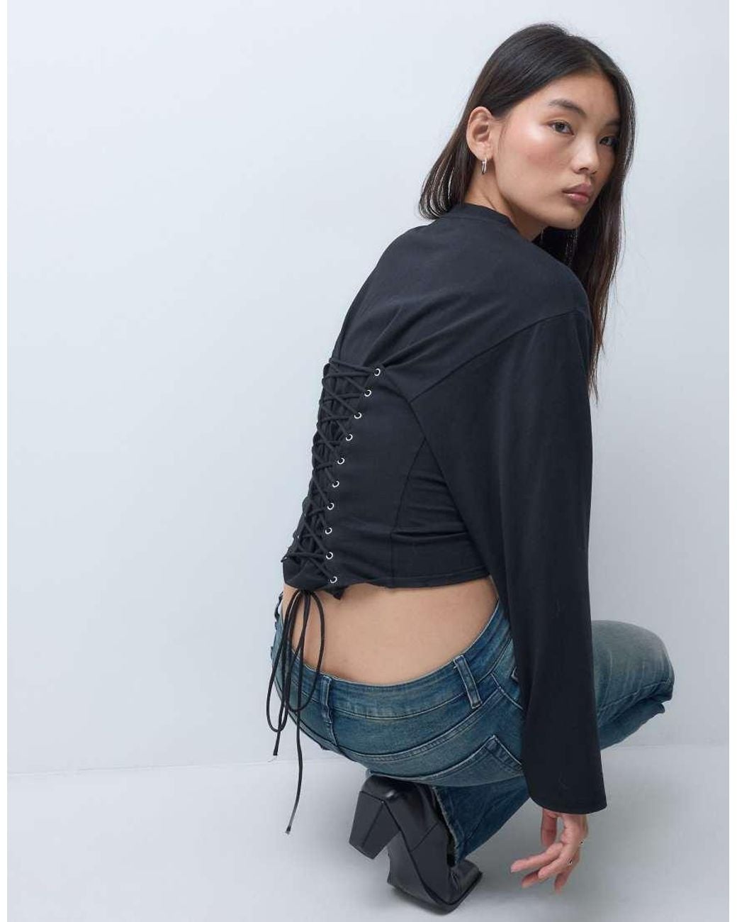 Weekday Blue Long Sleeve Top With Corset Back Detail