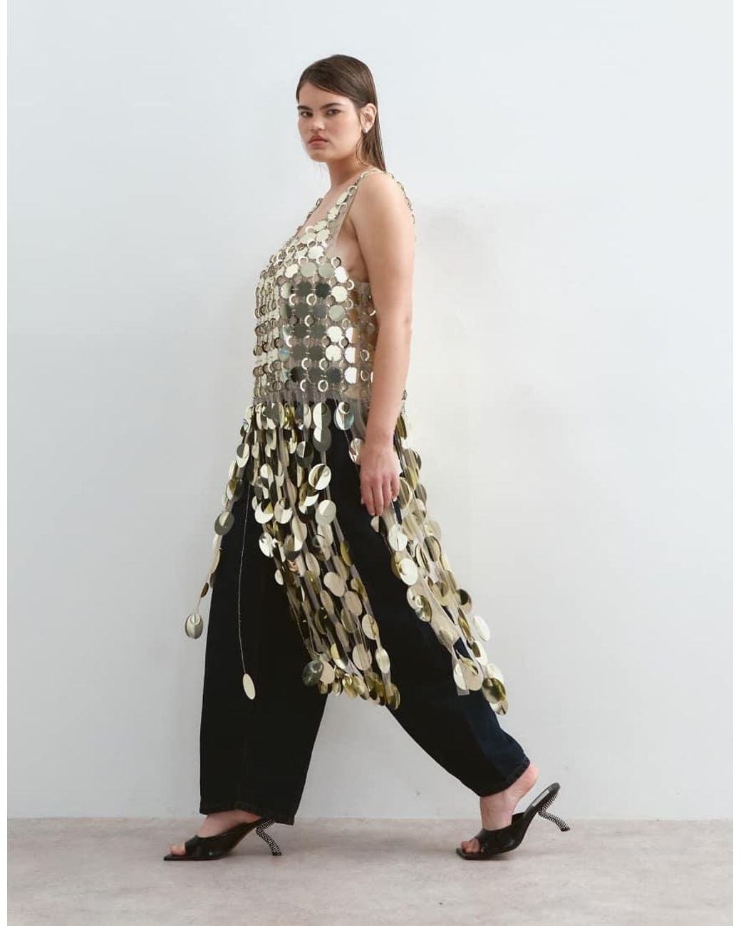 ARRANGE Metallic Curve Futurist Sequin Crop Top With Long 3D Fringe Hem