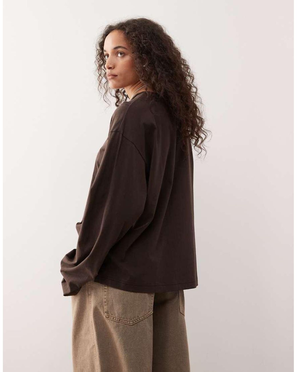 Monki Brown Oversized Long Sleeve T-shirt With Side Slits