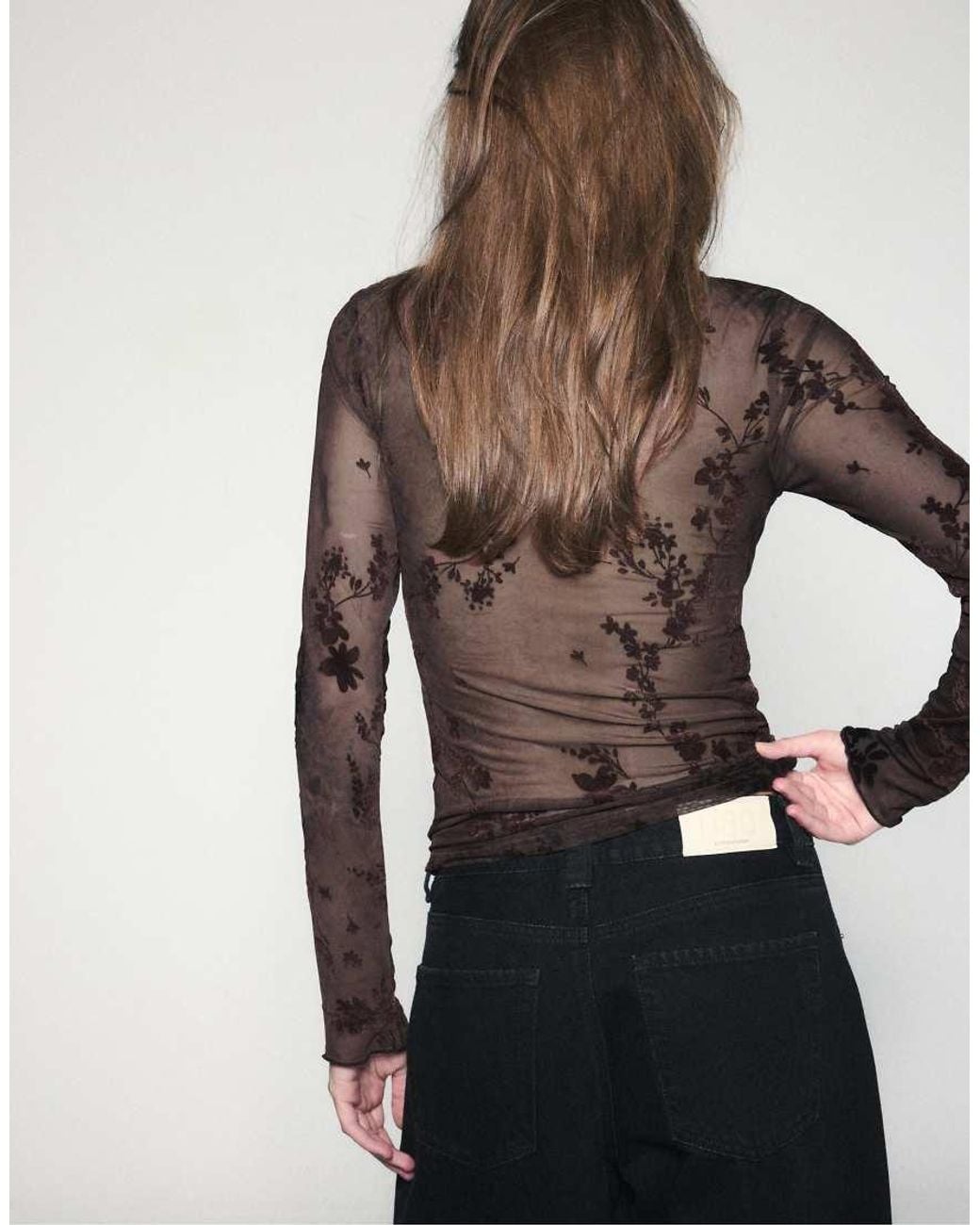 Stradivarius Blue Flocculated Long Sleeve toggle Top