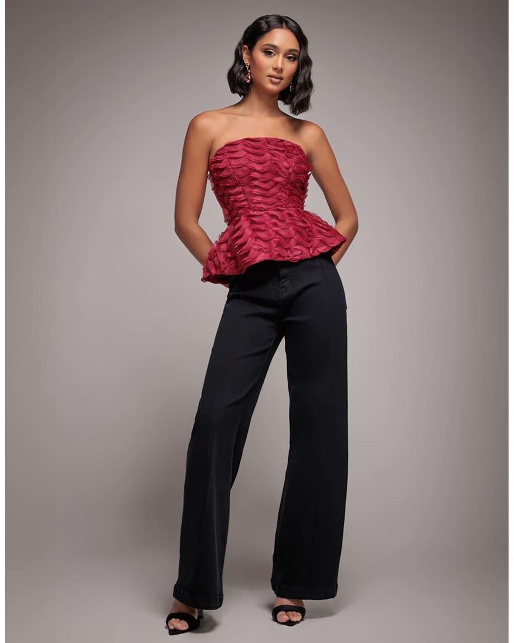 Goddiva Peplum 3D Textured Boob Tube Lace Up Corset