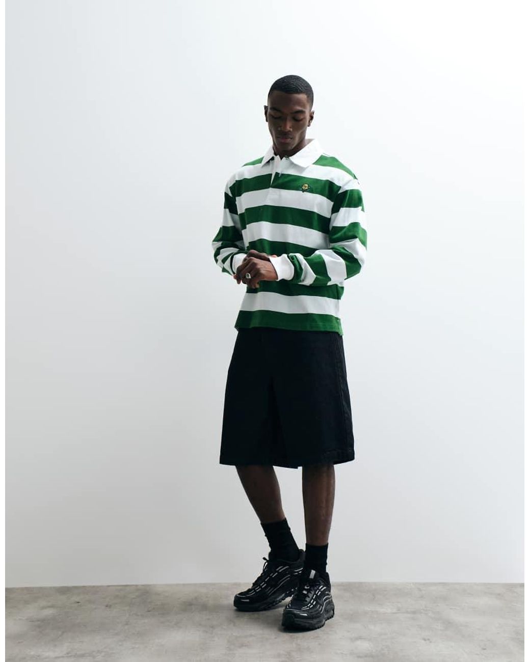 ICECREAM Green Striped Long Sleeve Polo Neck T-shirt for men