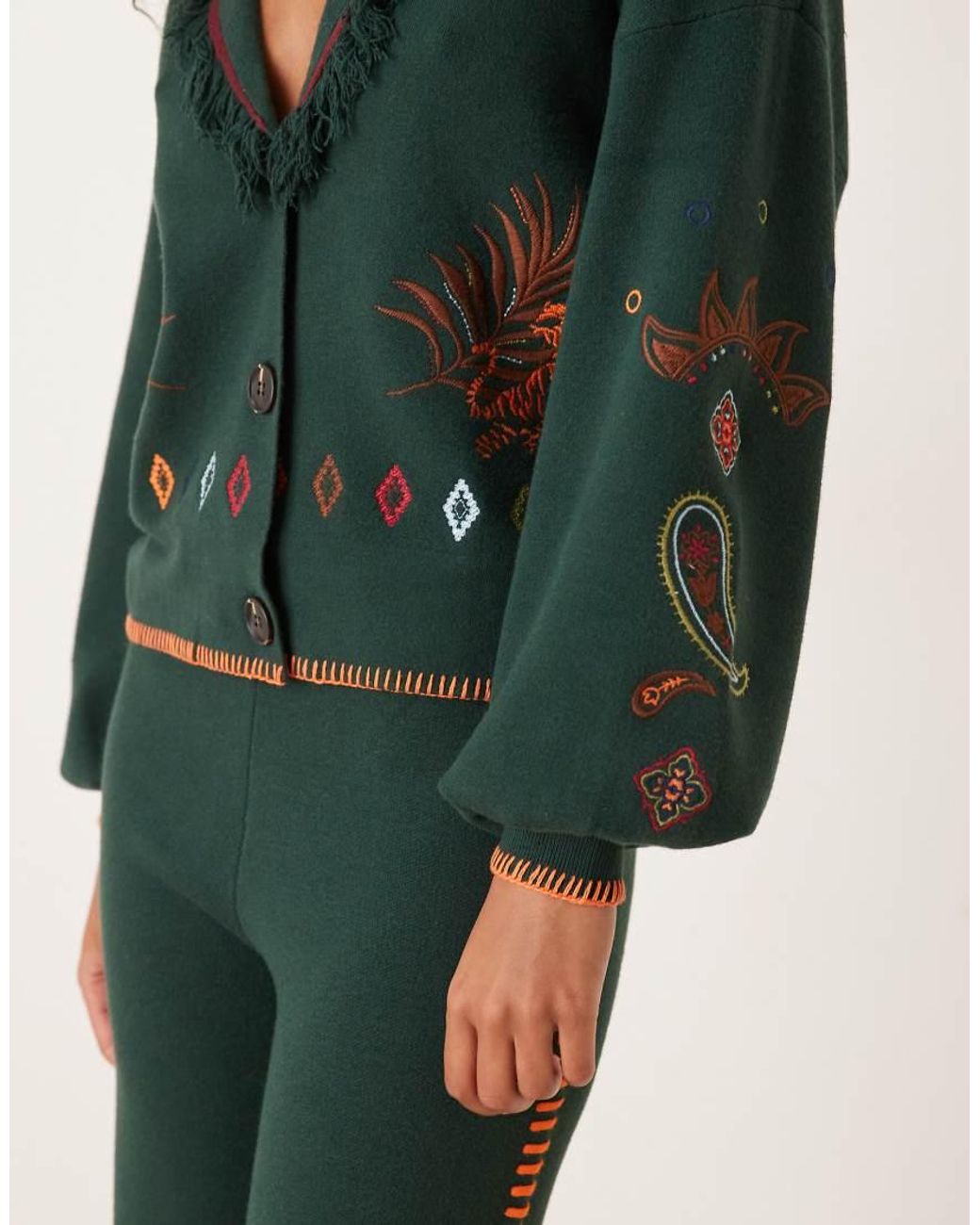 Never Fully Dressed Green Safari Embroidered Knitted Cardigan