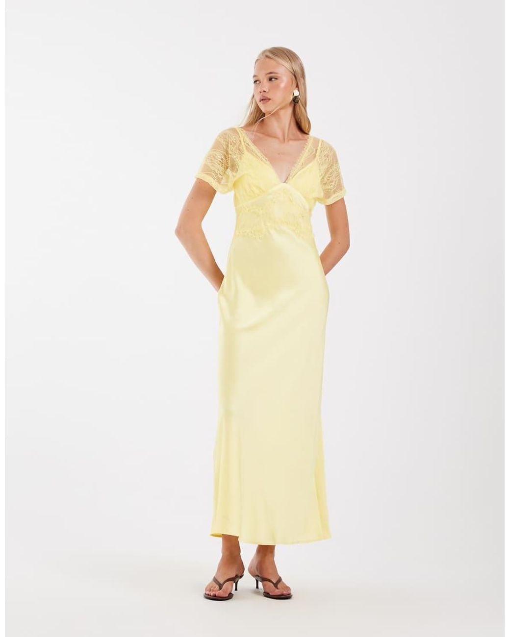 ASOS Yellow V Neck Satin Maxi Dress With Lace Detail