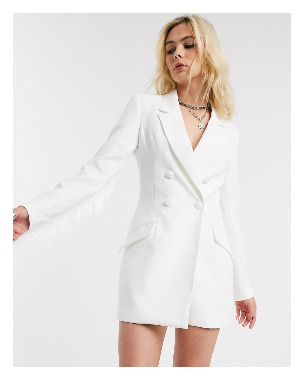 Bershka Double-breasted Blazer With Fringe in White | Lyst