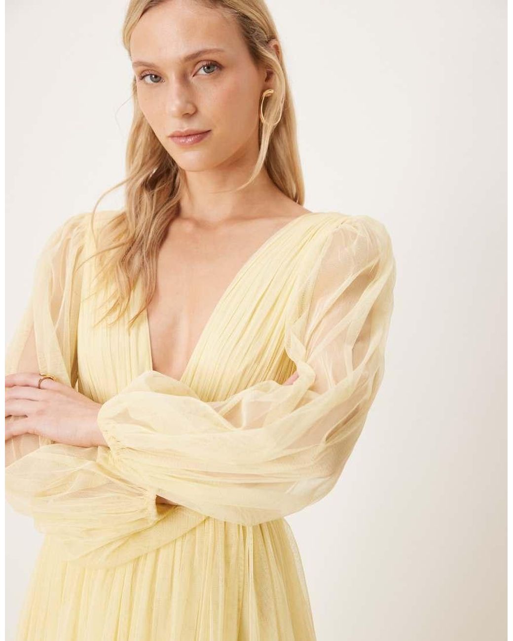 LACE & BEADS Natural Tulle V Neck Sheer Sleeve Maxi Dress