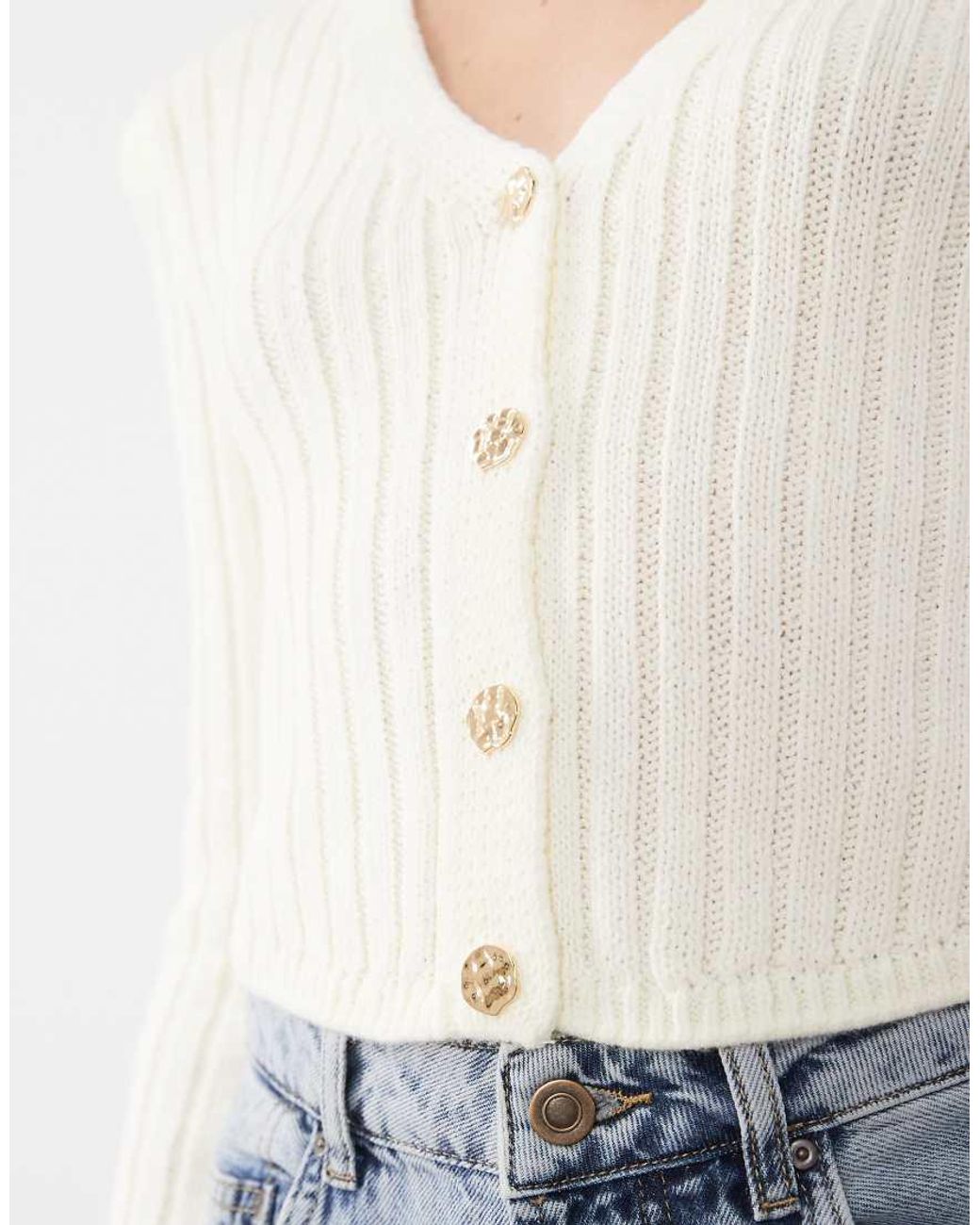 ASOS White Knitted Cinched Cardigan With Gold Buttons