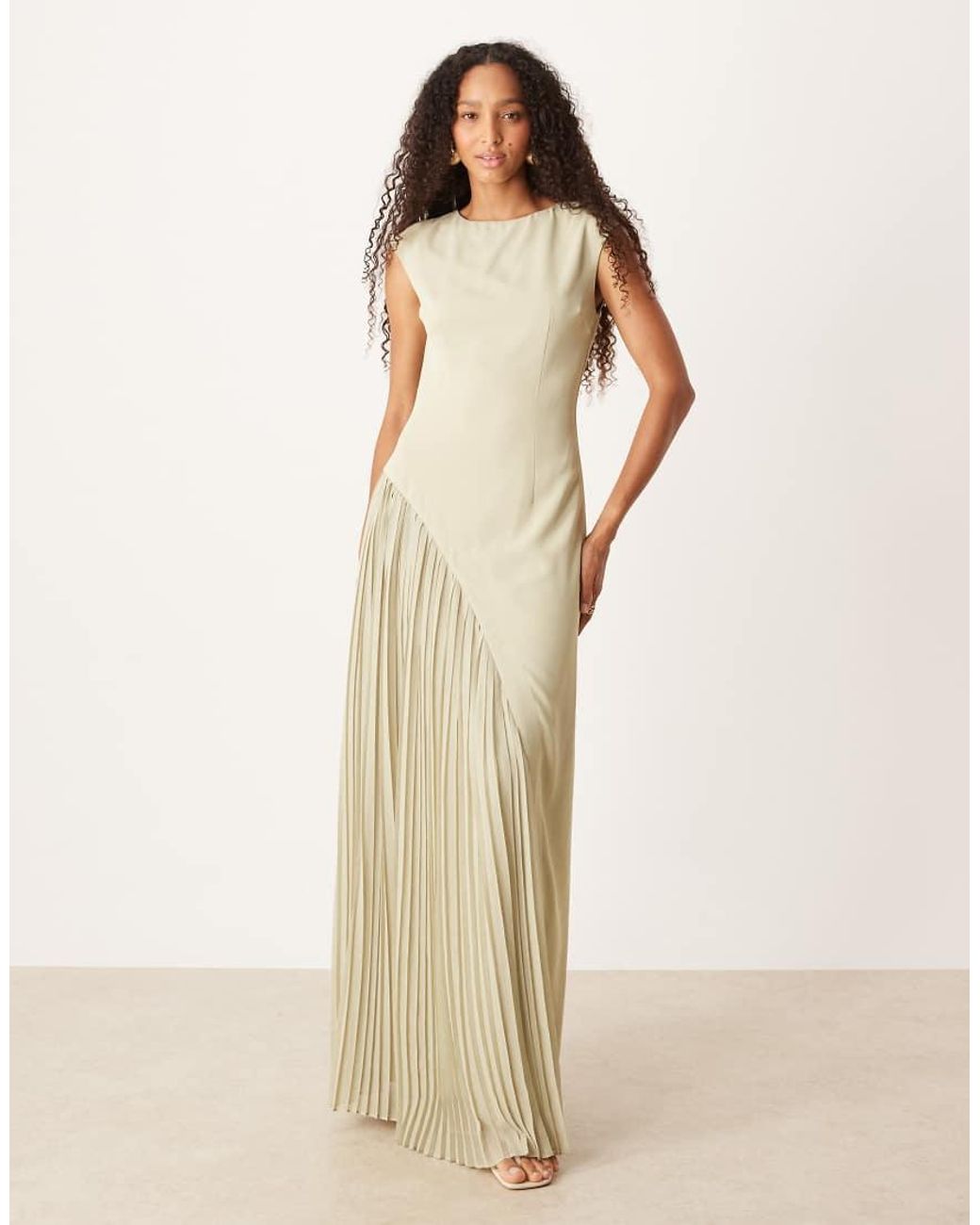 Six Stories Natural Cap Sleeve Pleated Maxi Dress