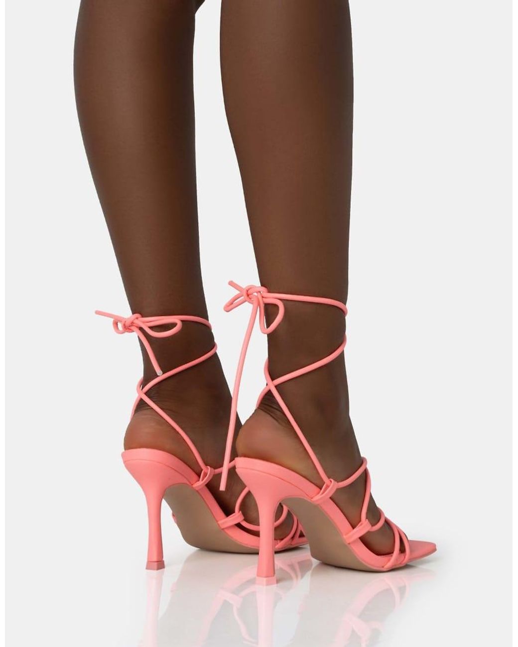 Public Desire Brown Duet Neon Pink Knot Strappy Lace Up Square Toe Mid Heels