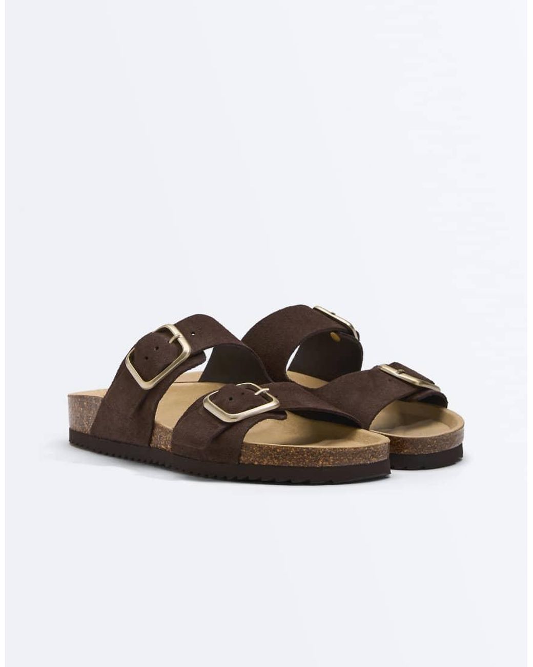 Oysho Brown Buckle Split-Leather Slides