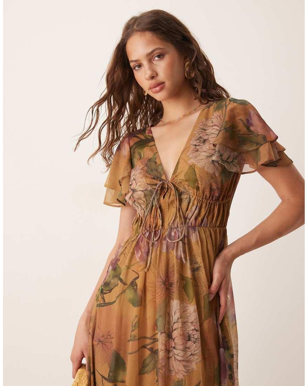 ASOS Natural V Neck Angel Sleeve Cut Out Maxi Dress