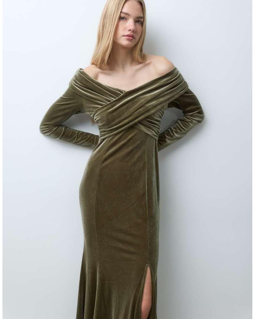 Y.A.S Green Off Shoulder Velvet Maxi Dress With Thigh Split