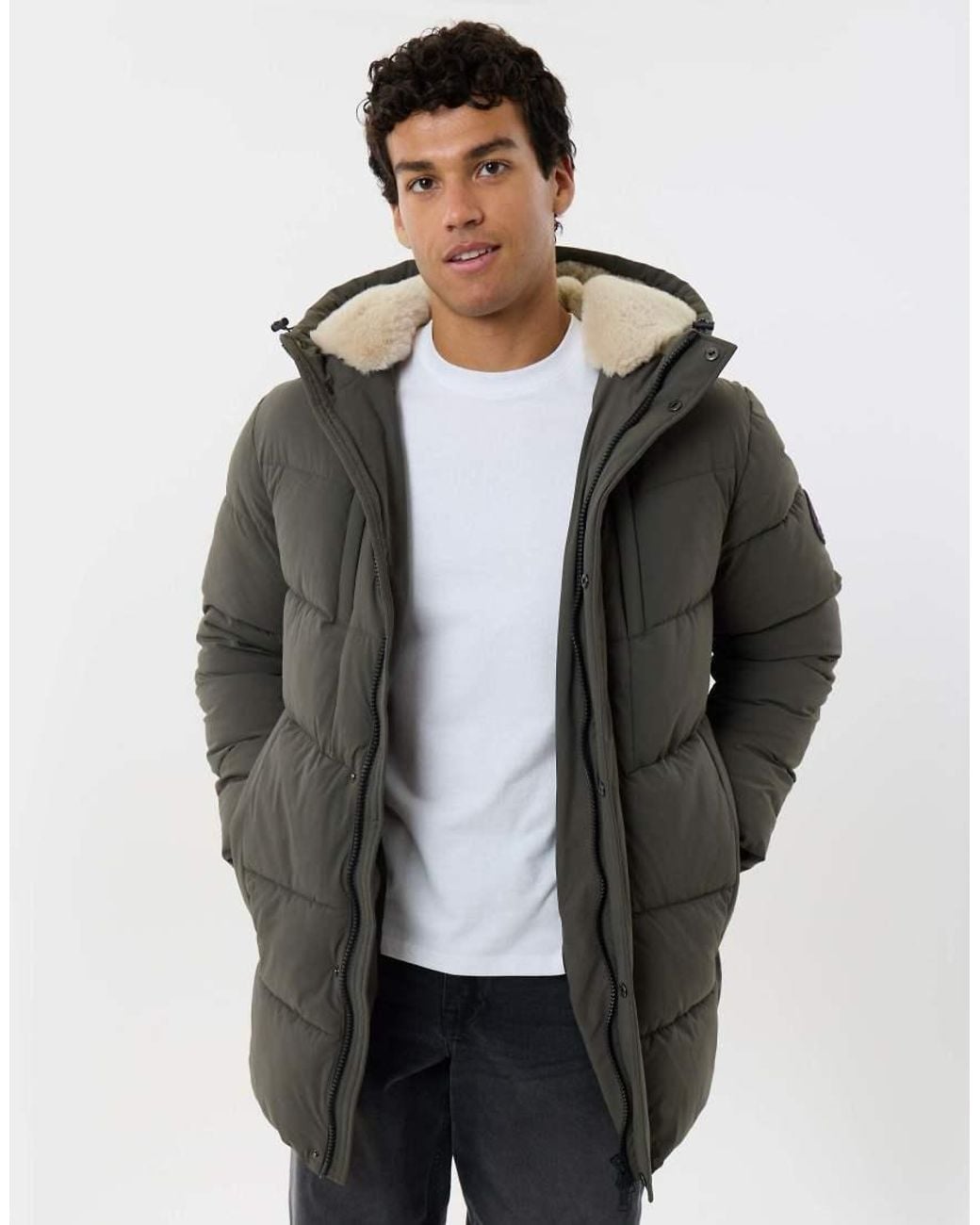 Threadbare Gray Showerproof Padded Jacket With Sherpa Lined Hood for men