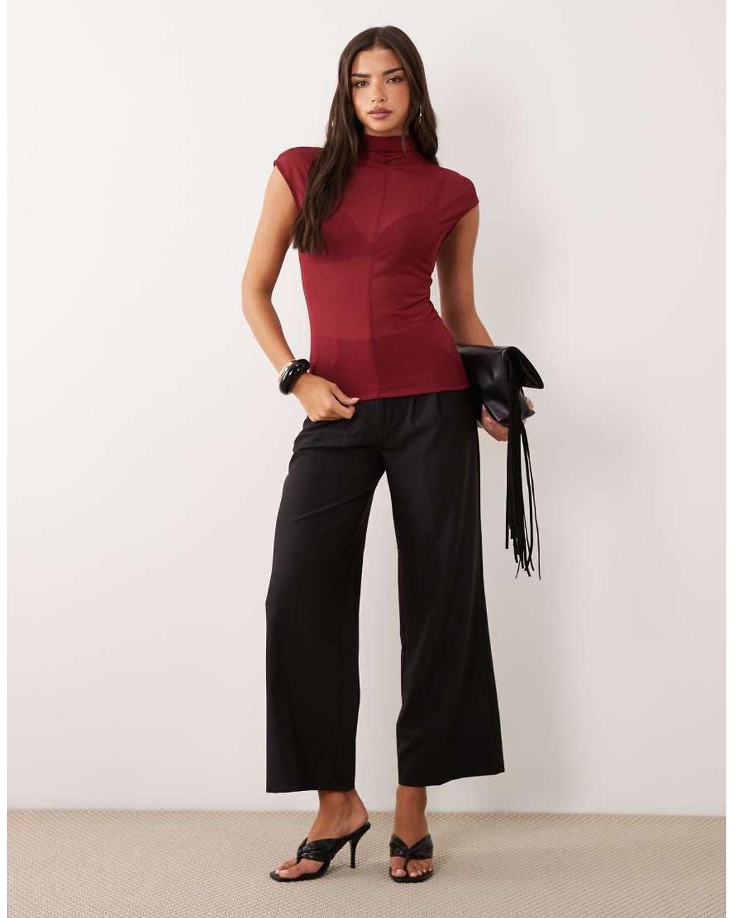 ASOS Red Sheer High Neck Short Sleeve Top With Seam Detail