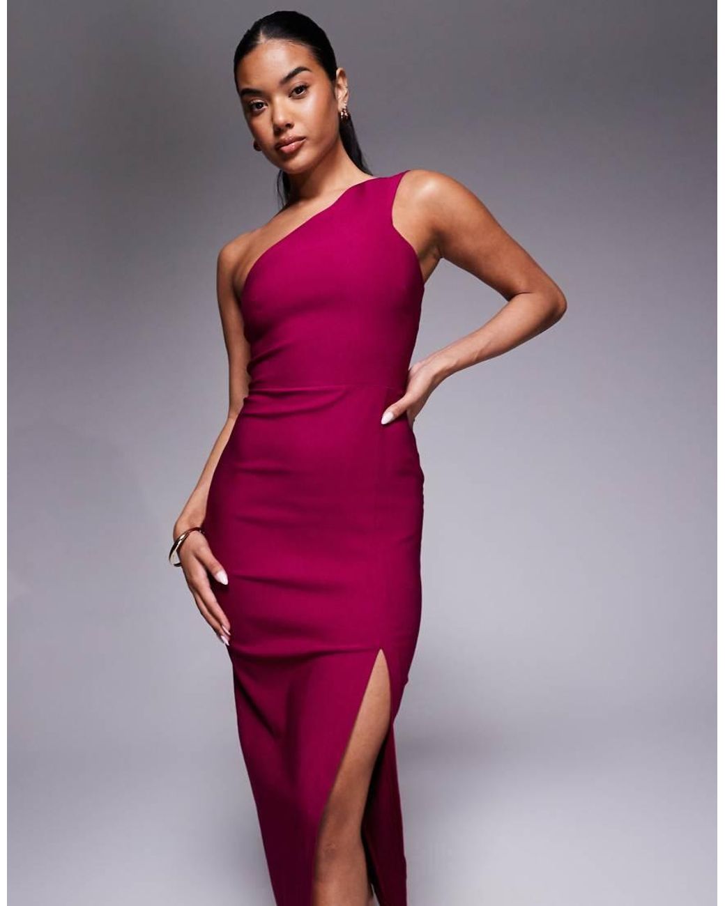 Vesper Red One Shoulder Midaxi With Thigh Split