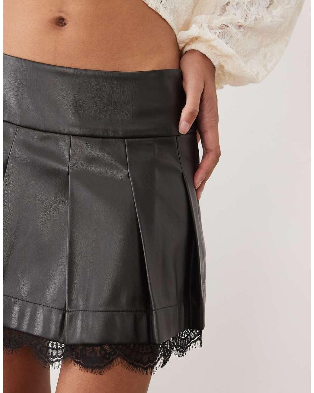 Miss Selfridge Gray Faux Leather Pleated Skirt With Lace Trim