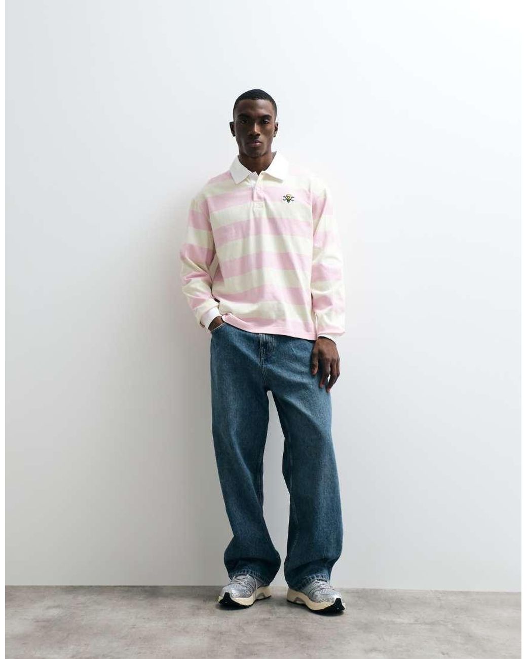 ICECREAM Pink Striped Long Sleeve Polo Neck T-shirt for men