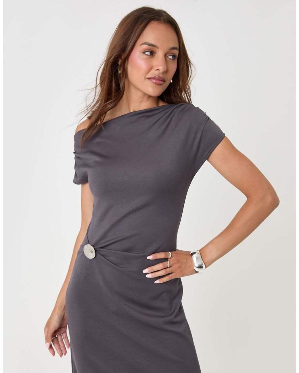 Threadbare Blue Off Shoulder Draped Jersey Maxi Dress