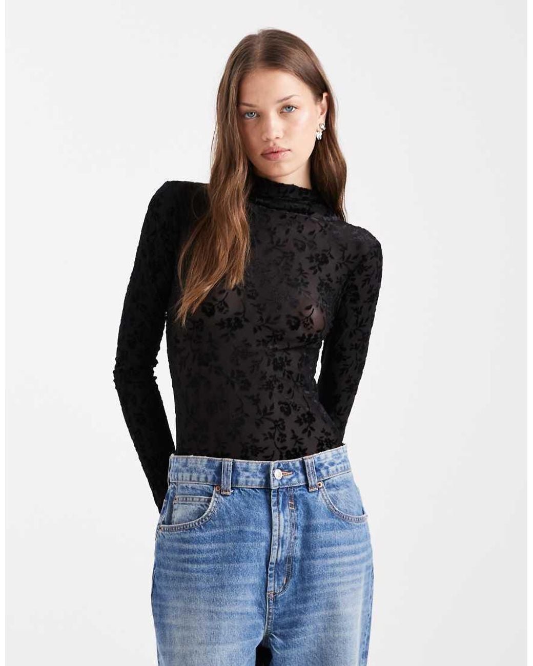 Miss Selfridge Black Devore High Neck Bodysuit