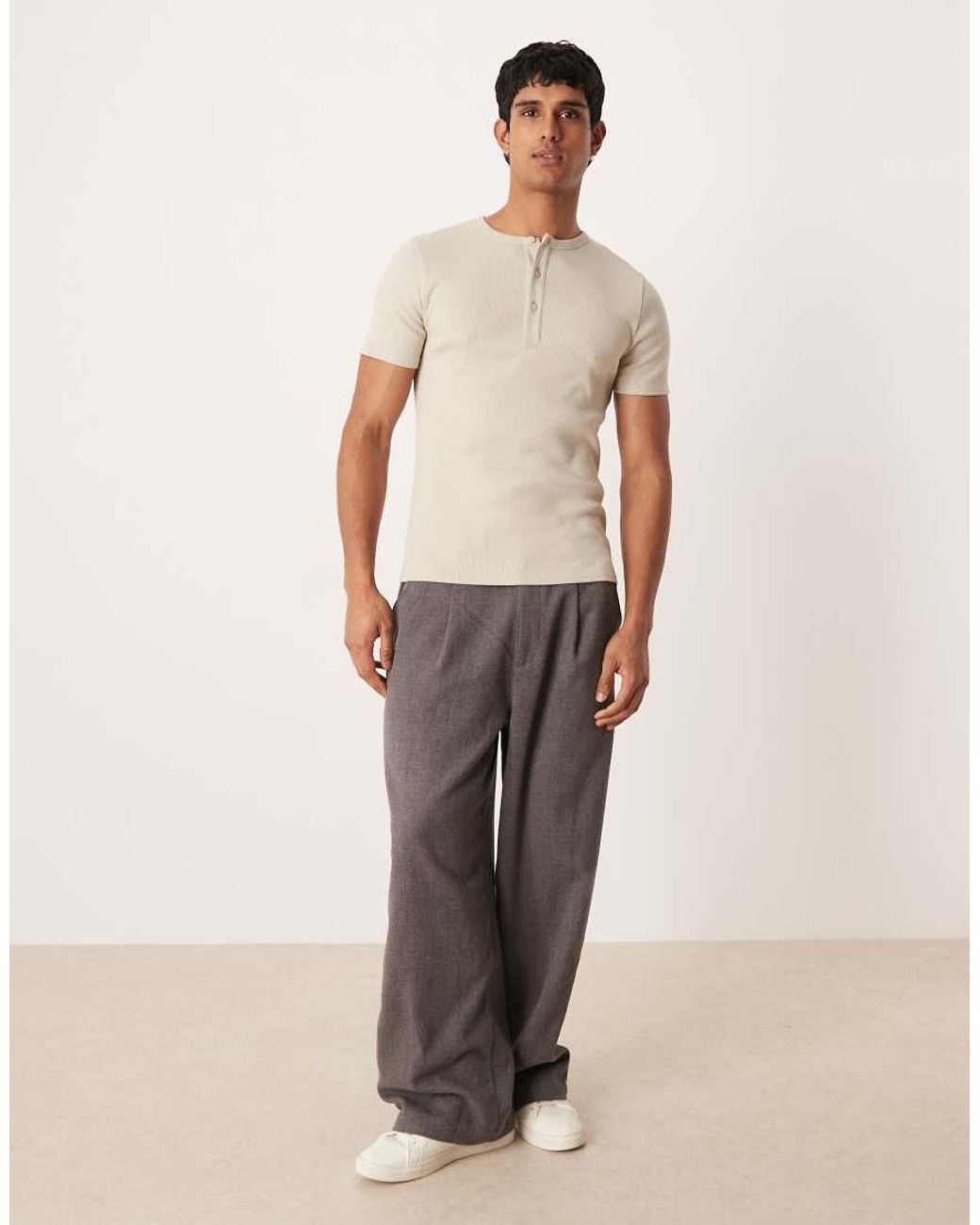 ASOS Geribbeld Muscle Fit T-Shirt Met Henley-Hals Van Superzware Stof in het Natural voor heren