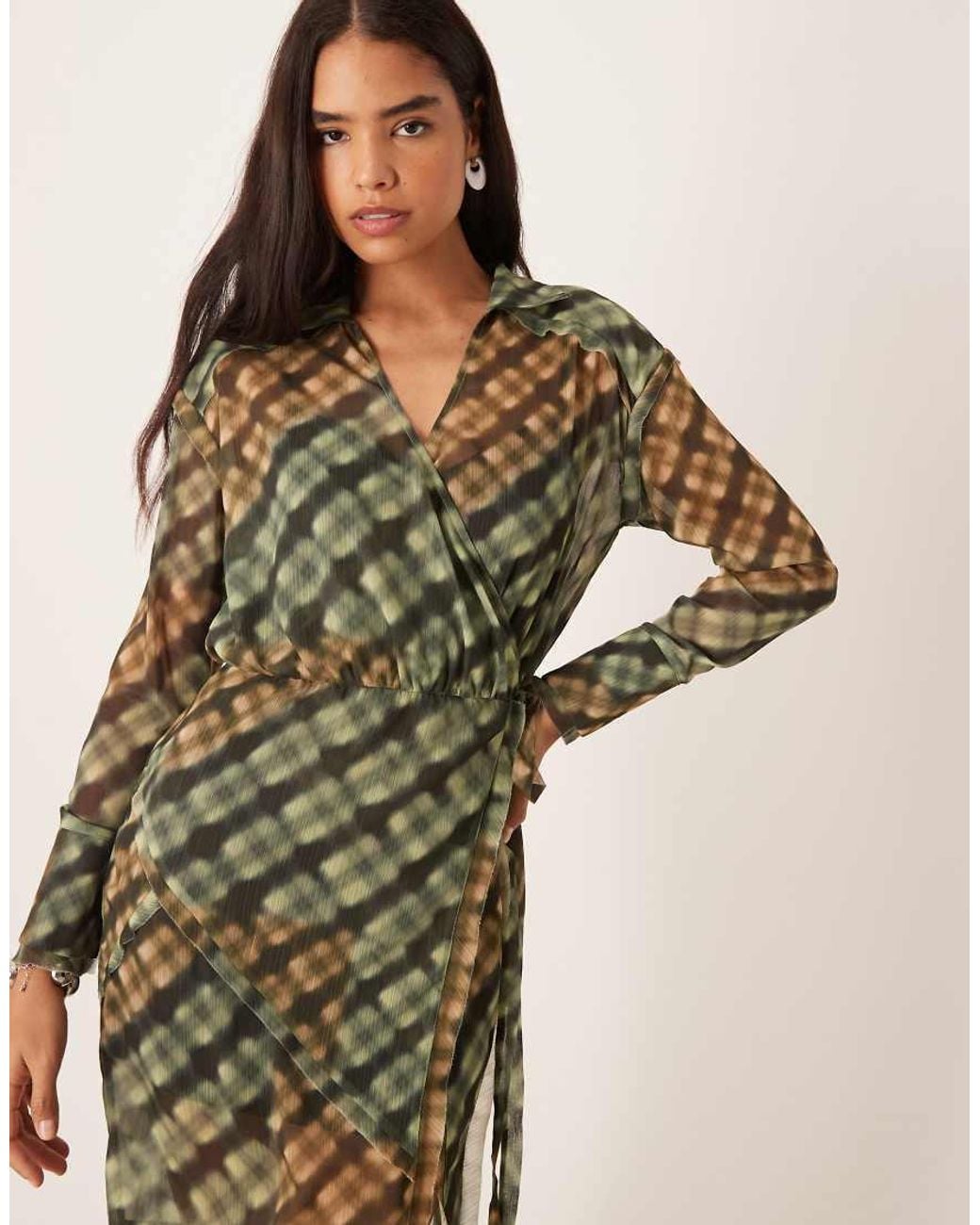 ASOS Natural Long Sleeve Wrap Midi Dress
