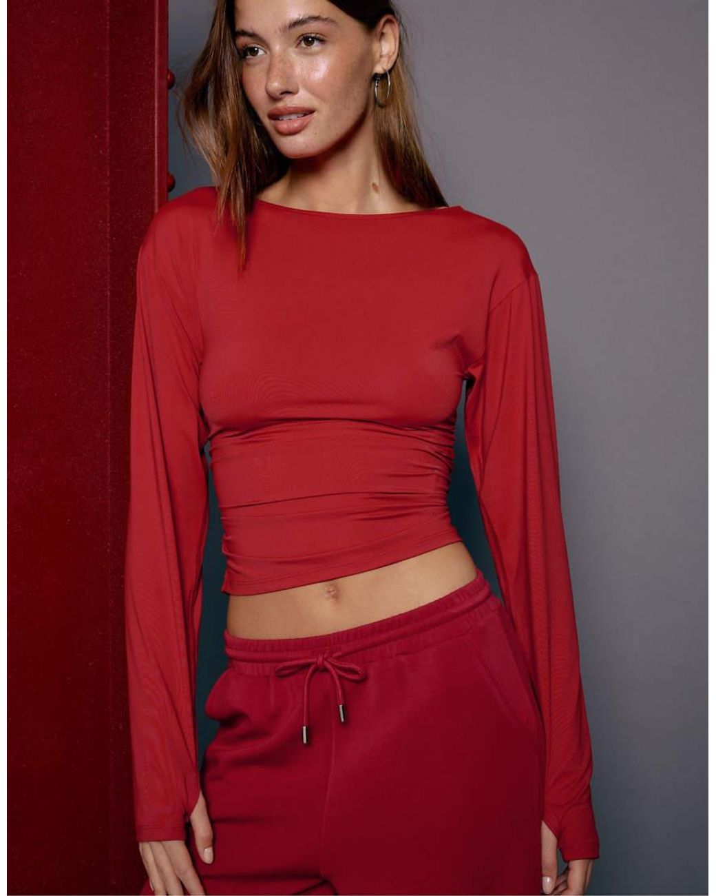 Stradivarius Red Long Sleeve Ruched Top