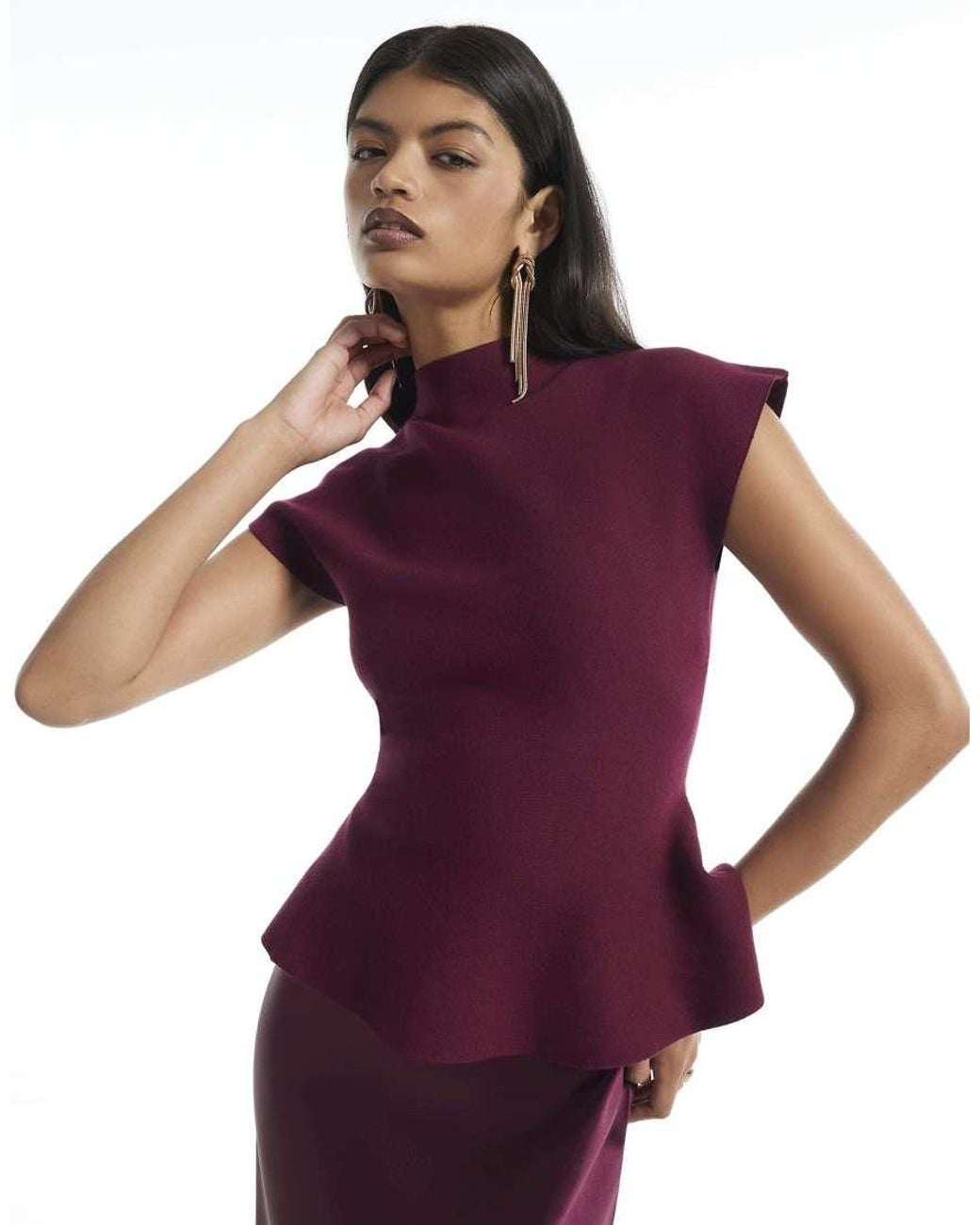 River Island Purple Burgundy Hybrid Satin Knit Peplum Maxi Dress